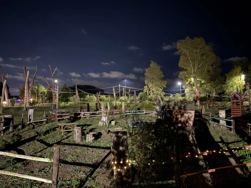 Il campo di notte, file di lucine fra staccionate e tronchi.