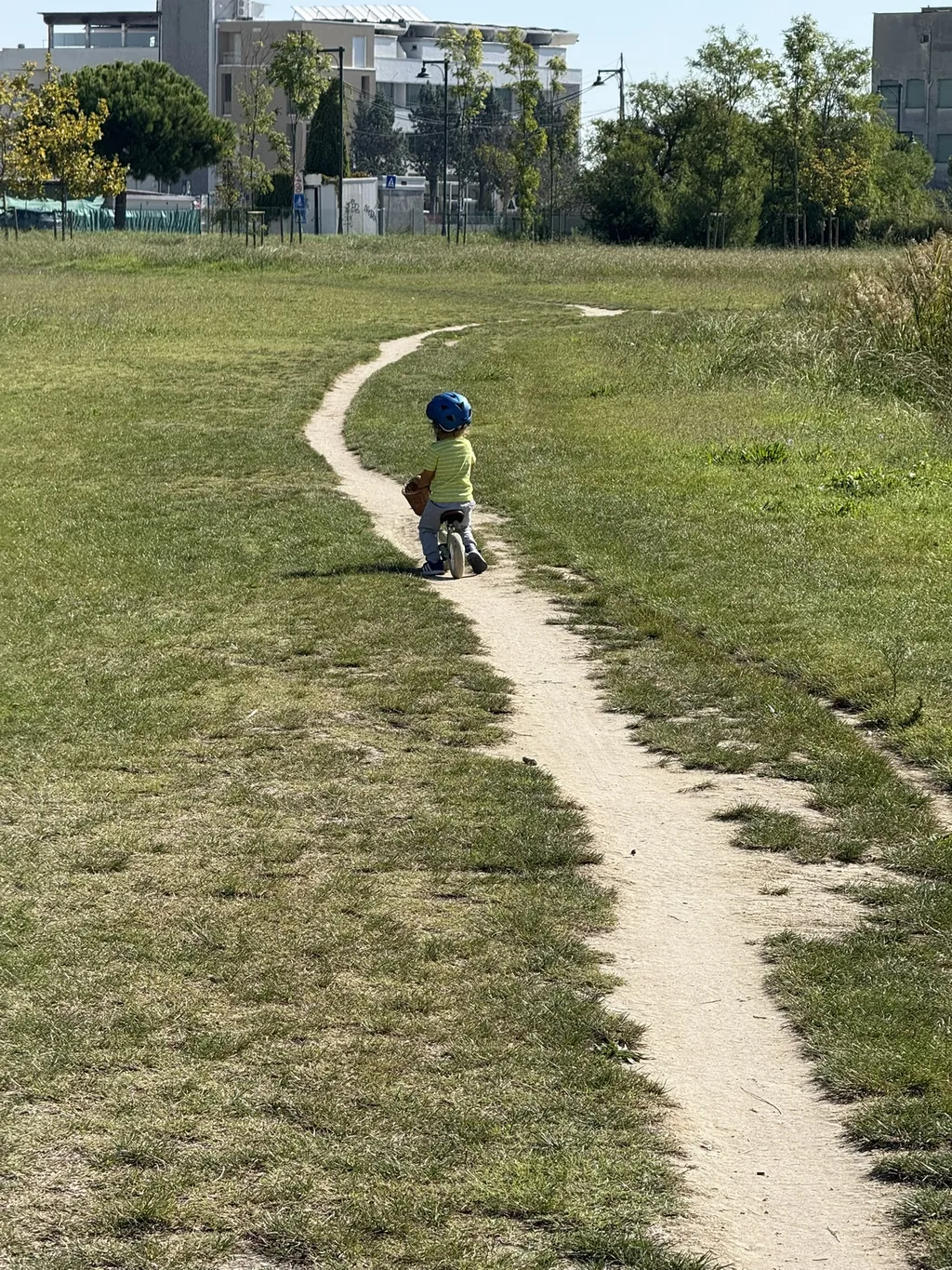 Un sentiero stretto in un prato, e sopra un bambino in bicicletta.